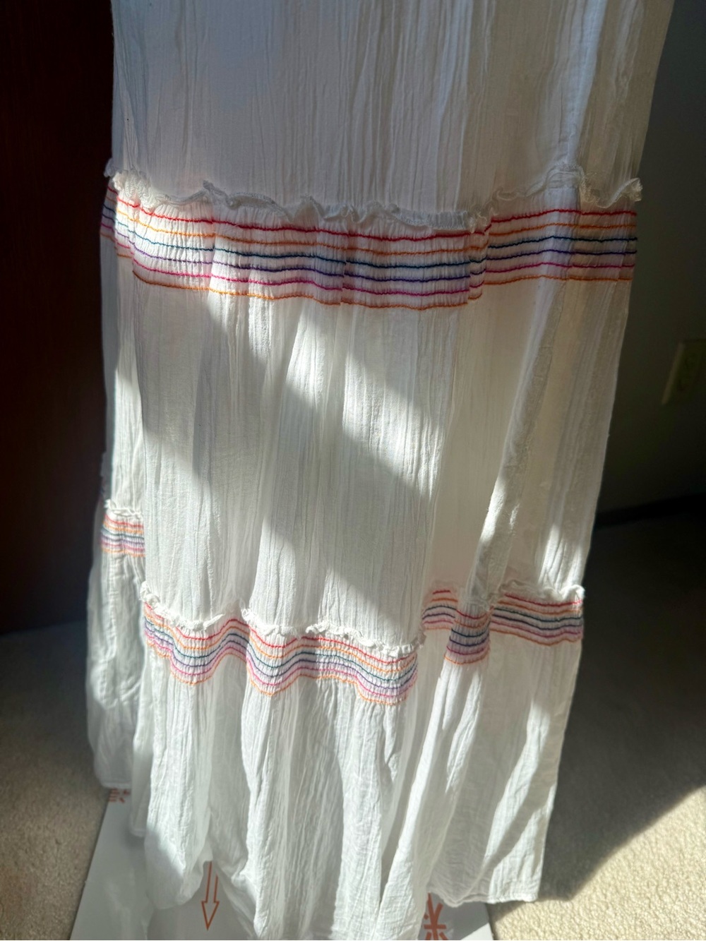 White Strapless Tiered Maxi Dress M Multicolor Smocked Bodice Embroidered - Picture 7 of 10